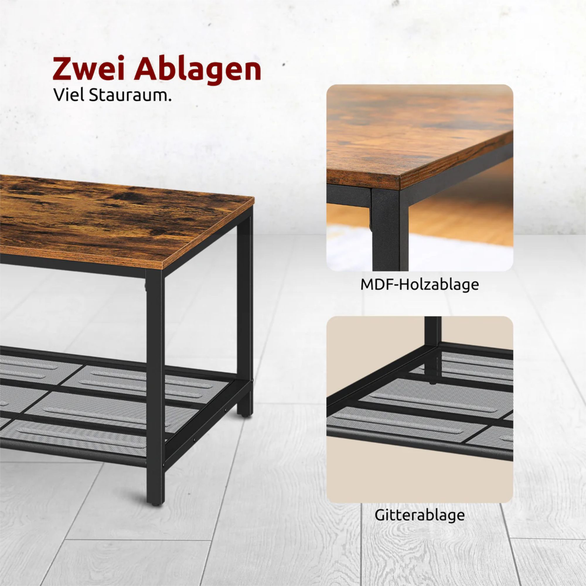 kalb | Couchtisch, Wohnzimmertisch, Holz & schwarzes Metall, stabil & langlebig, Couch Tisch für Wohnzimmer & Sofa, moderner Industrial Stil