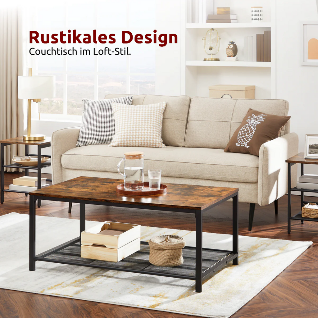 kalb | Couchtisch, Wohnzimmertisch, Holz & schwarzes Metall, stabil & langlebig, Couch Tisch für Wohnzimmer & Sofa, moderner Industrial Stil