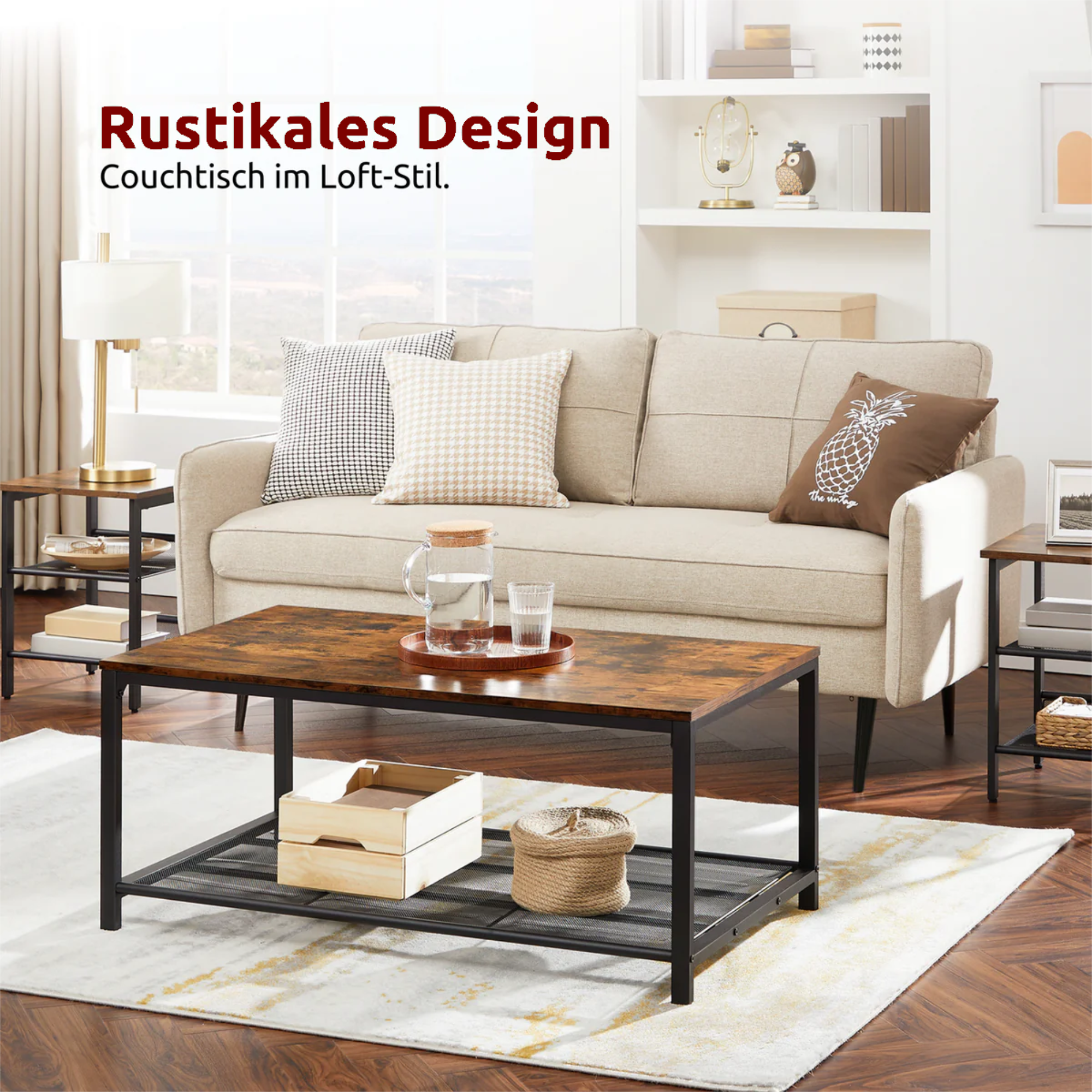 kalb | Couchtisch, Wohnzimmertisch, Holz & schwarzes Metall, stabil & langlebig, Couch Tisch für Wohnzimmer & Sofa, moderner Industrial Stil