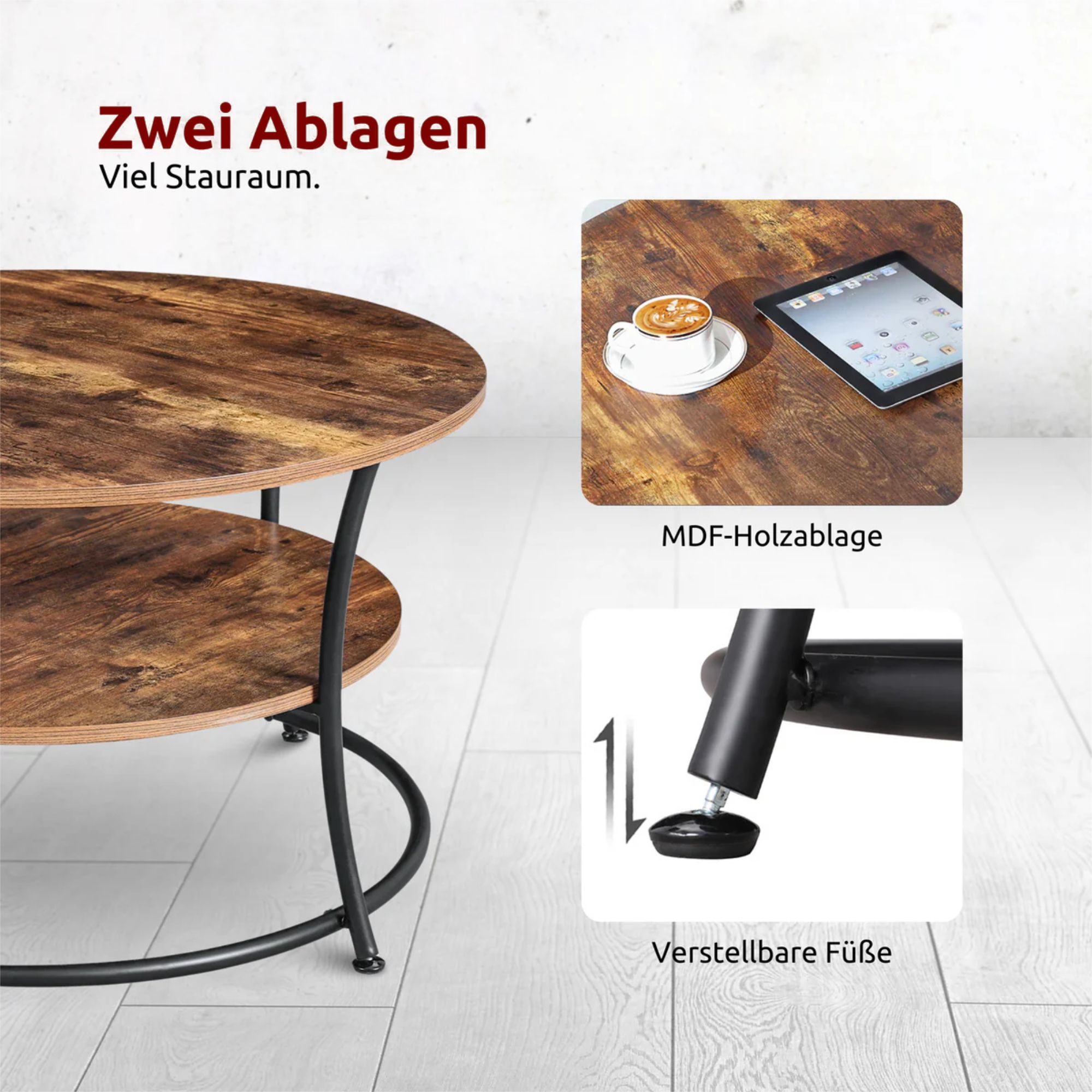 kalb | Couchtisch, Wohnzimmertisch, Holz & schwarzes Metall, stabil & langlebig, Couch Tisch für Wohnzimmer & Sofa, moderner Industrial Stil