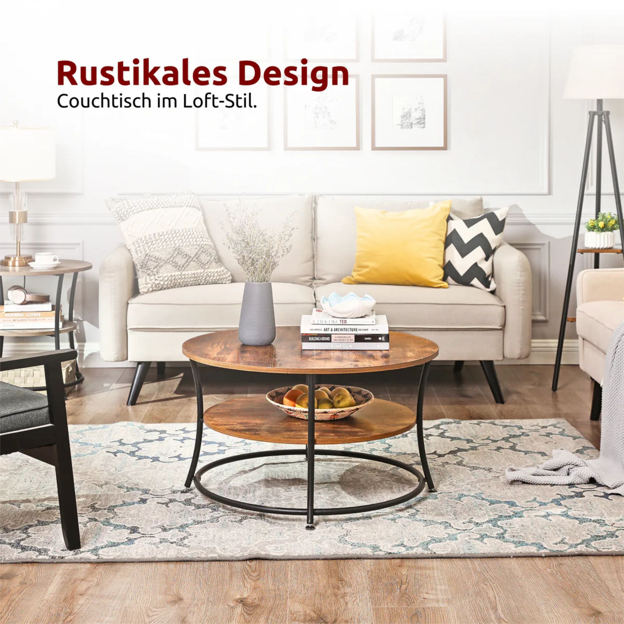 kalb | Couchtisch, Wohnzimmertisch, Holz & schwarzes Metall, stabil & langlebig, Couch Tisch für Wohnzimmer & Sofa, moderner Industrial Stil