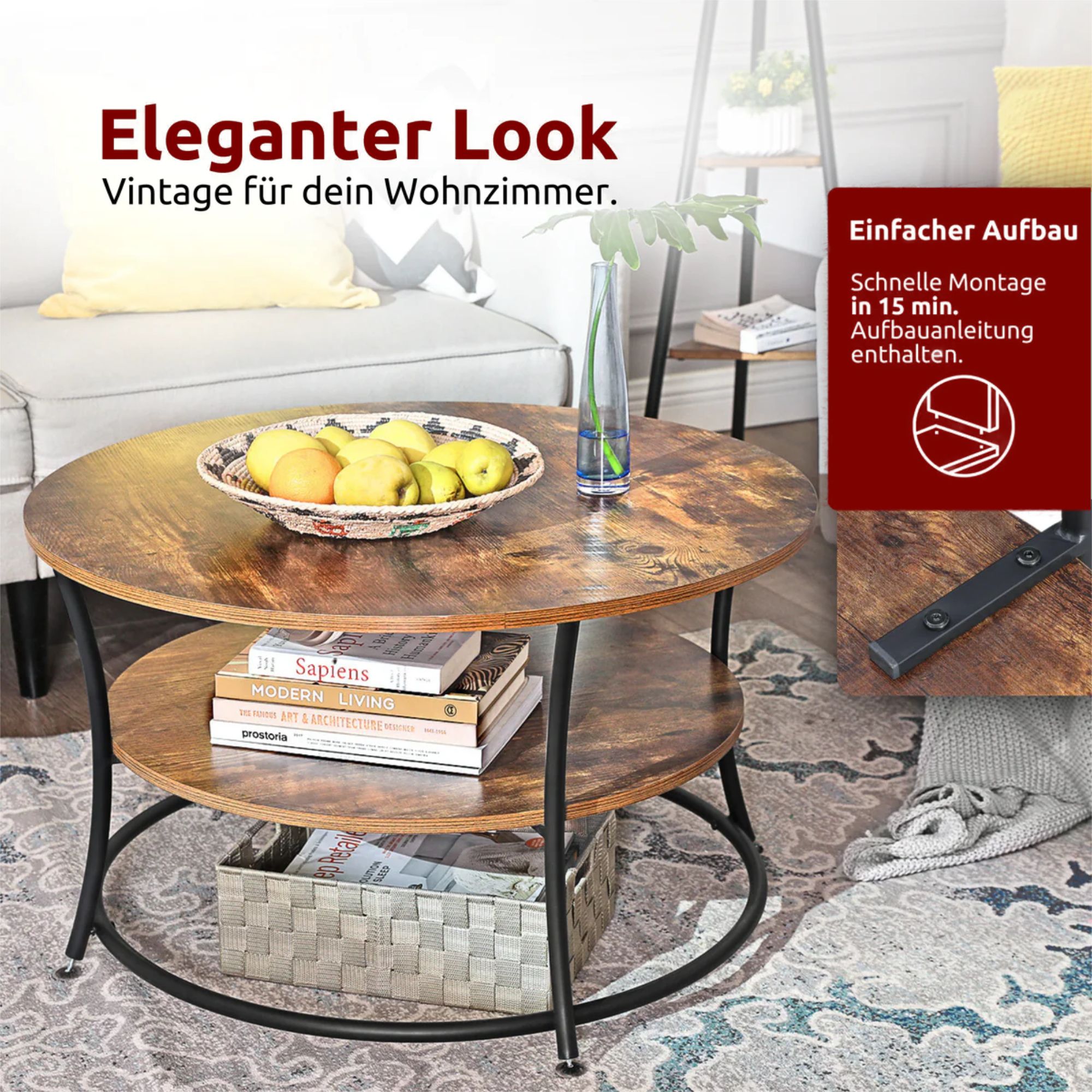 kalb | Couchtisch, Wohnzimmertisch, Holz & schwarzes Metall, stabil & langlebig, Couch Tisch für Wohnzimmer & Sofa, moderner Industrial Stil
