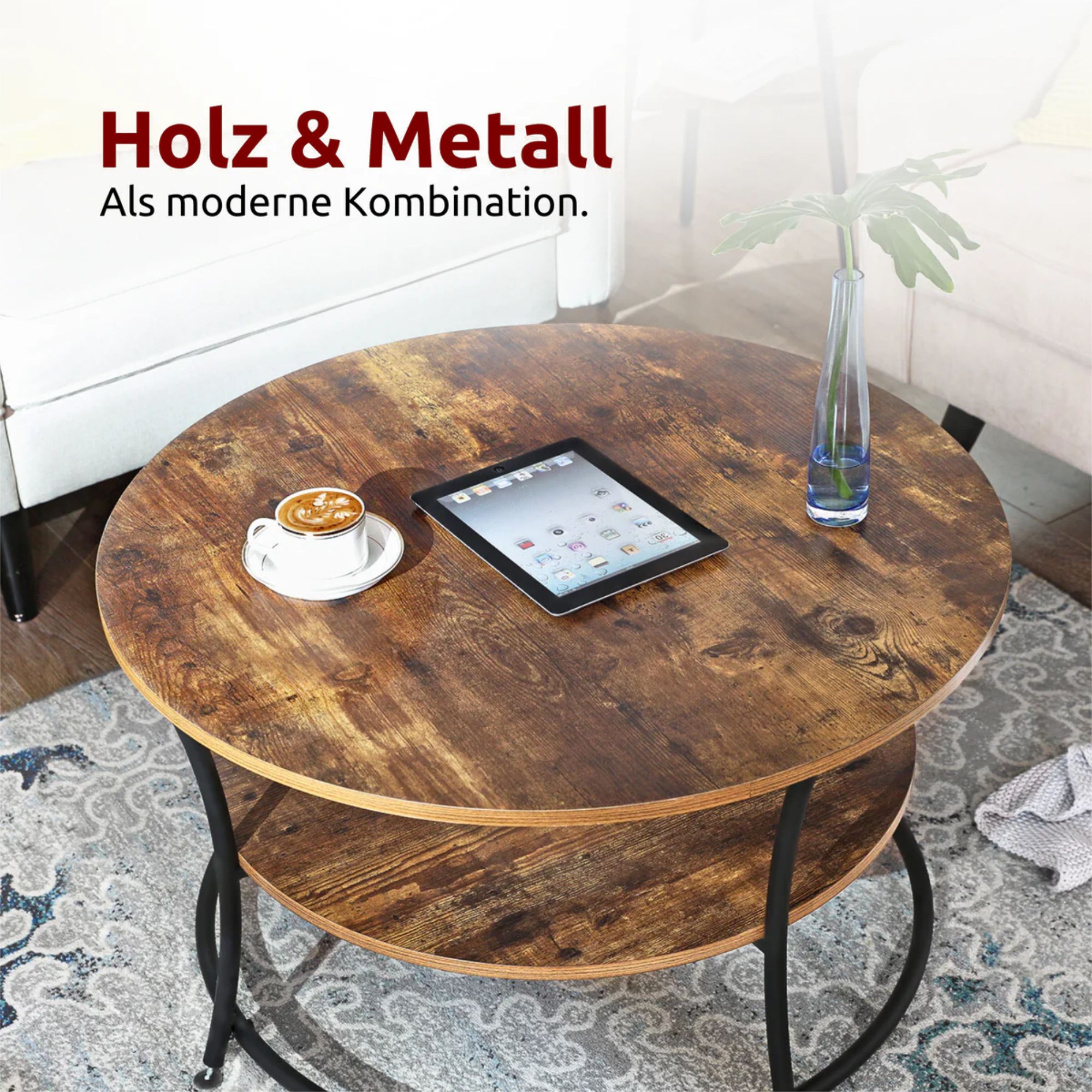 kalb | Couchtisch, Wohnzimmertisch, Holz & schwarzes Metall, stabil & langlebig, Couch Tisch für Wohnzimmer & Sofa, moderner Industrial Stil