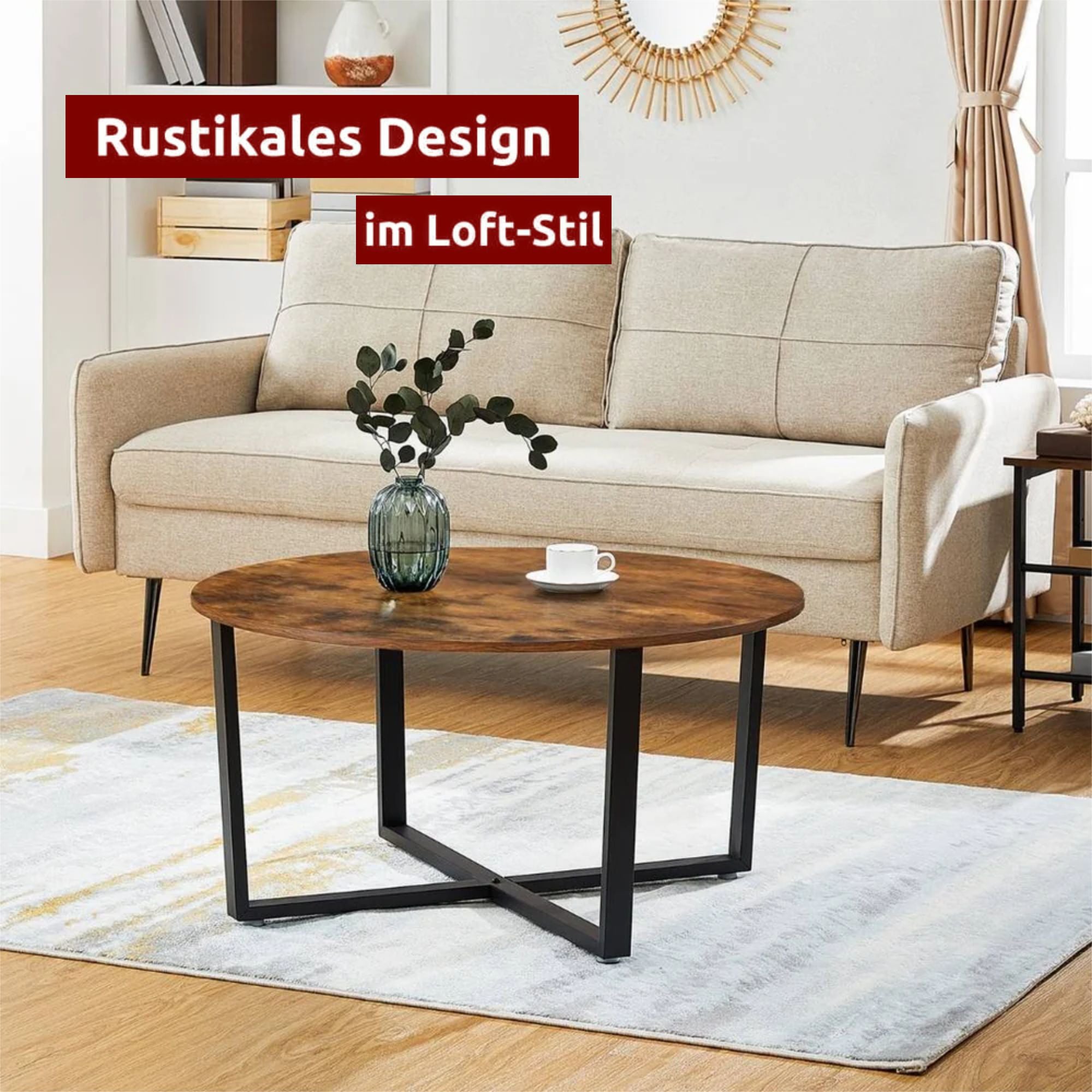 kalb | Couchtisch, Wohnzimmertisch, Holz & schwarzes Metall, stabil & langlebig, Couch Tisch für Wohnzimmer & Sofa, moderner Industrial Stil