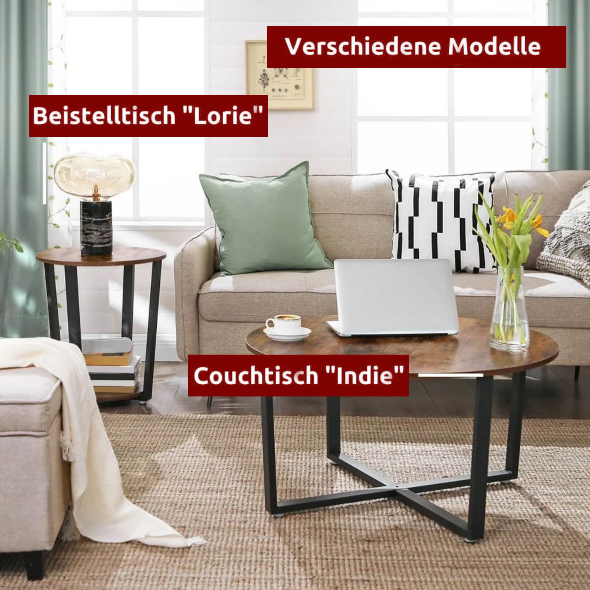 kalb | Couchtisch, Wohnzimmertisch, Holz & schwarzes Metall, stabil & langlebig, Couch Tisch für Wohnzimmer & Sofa, moderner Industrial Stil