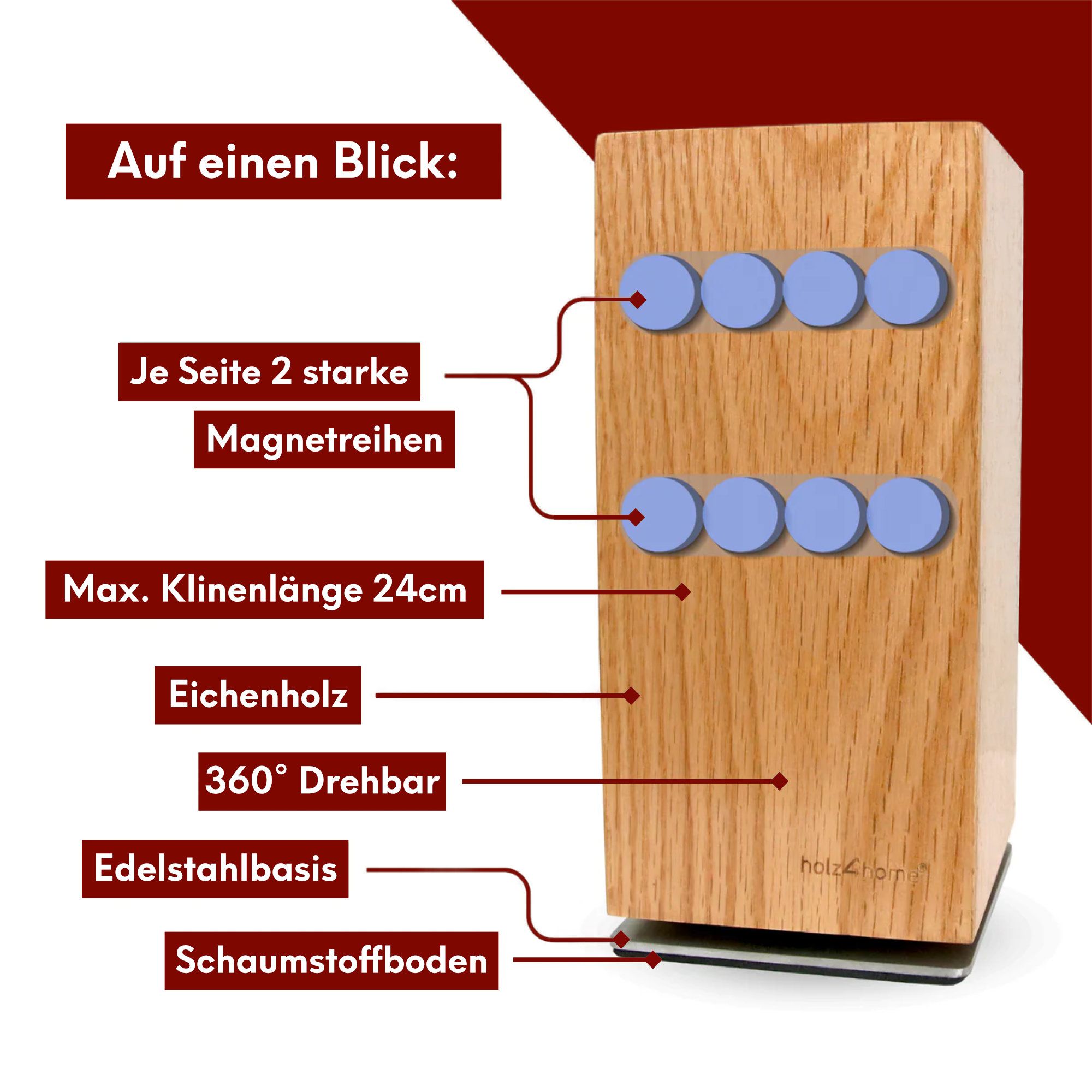 Magnetischer Messerblock 360° drehbar aus Eichenholz Eiche hell
