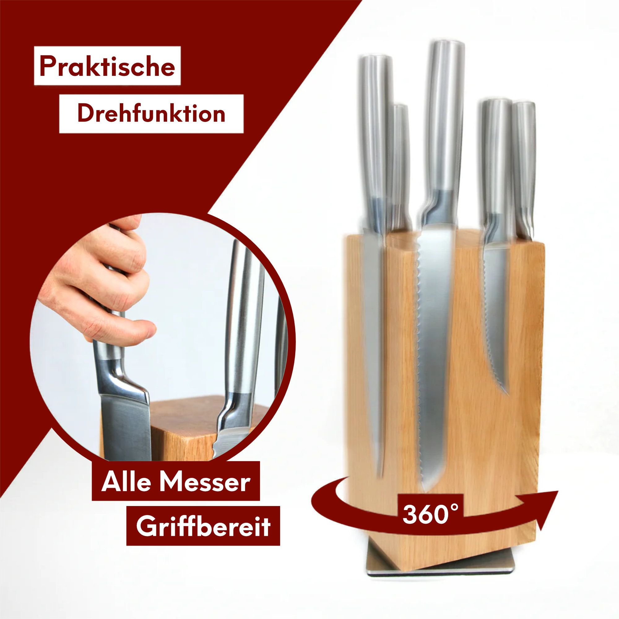 Magnetischer Messerblock 360° drehbar aus Eichenholz Eiche hell