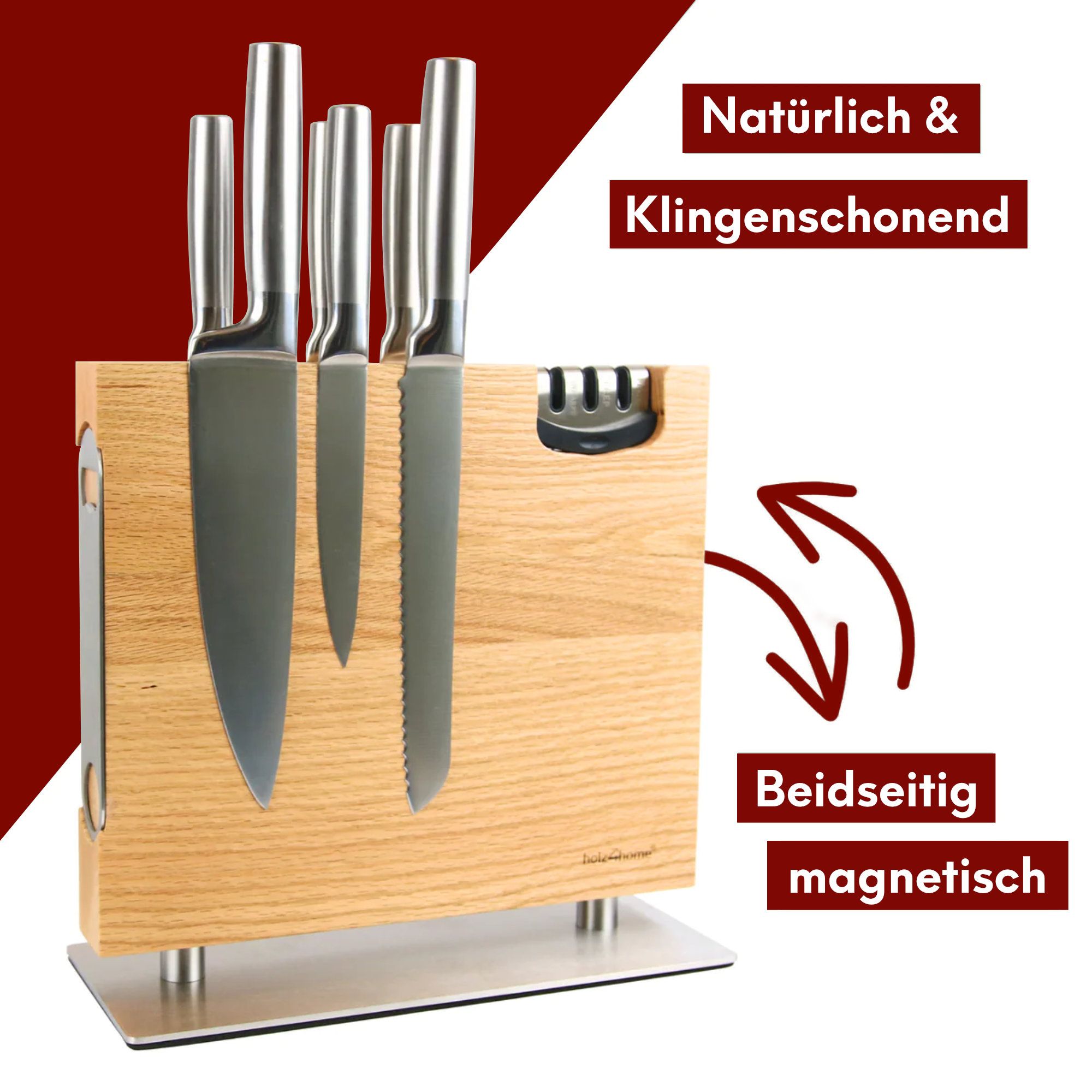 Magnetischer Messerblock aus Eichenholz - inkl. Flaschenöffner & Messerschärfer Eiche hell