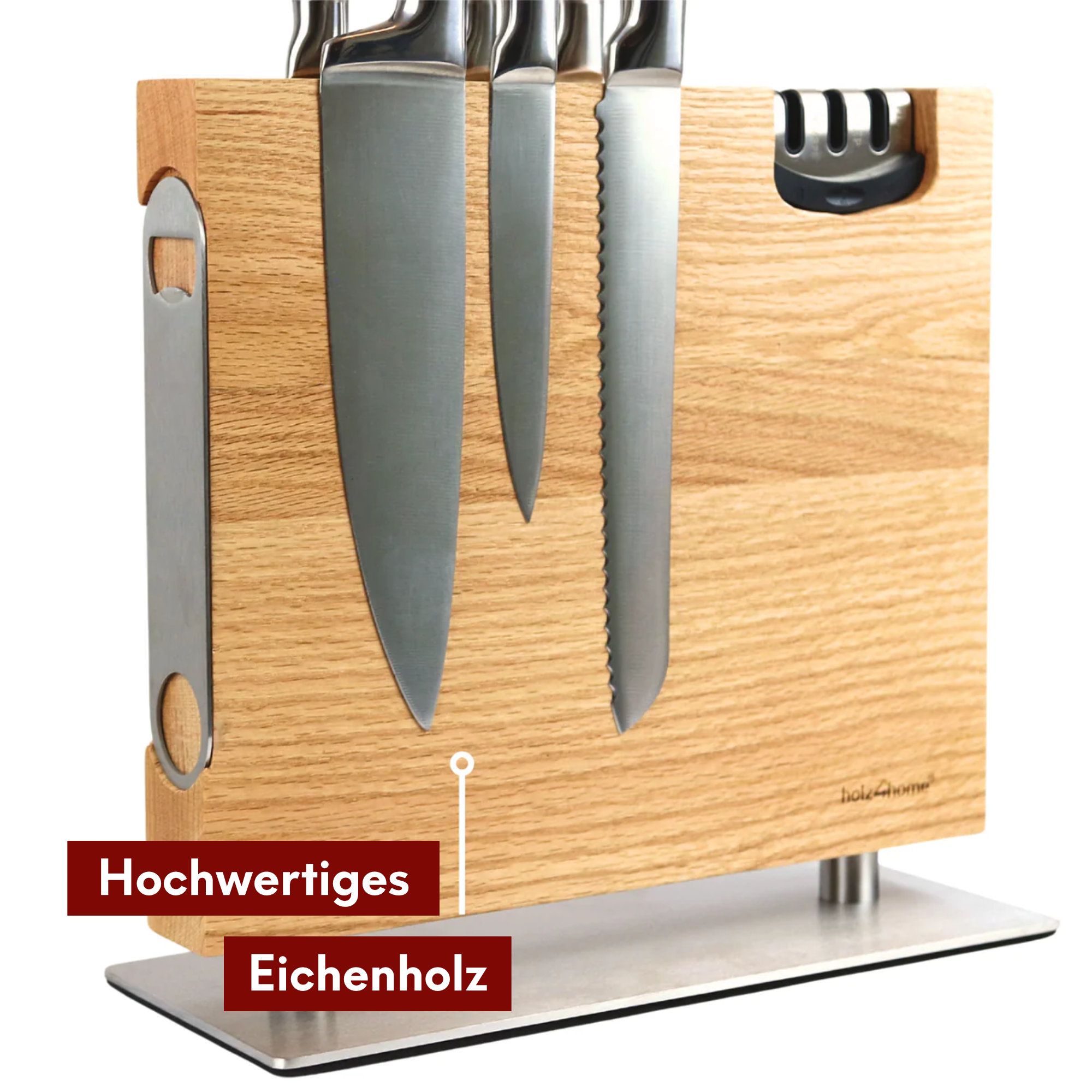 Magnetischer Messerblock aus Eichenholz - inkl. Flaschenöffner & Messerschärfer Eiche hell