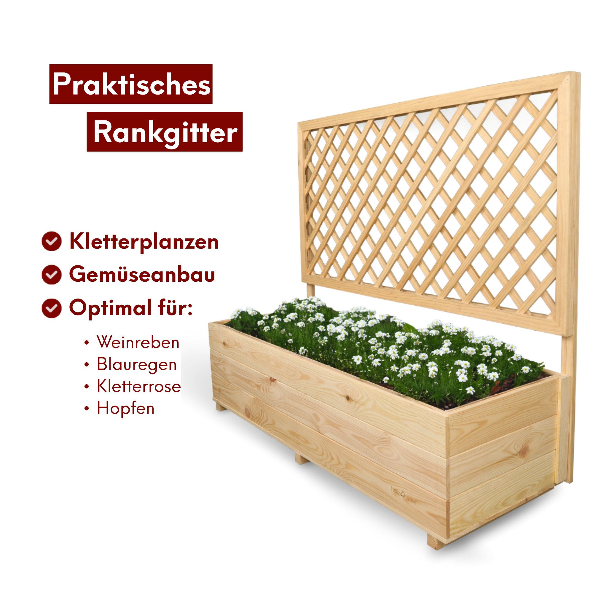 Pflanzkasten mit Rankgitter / Spalier aus Kiefer Größen  S / M / L