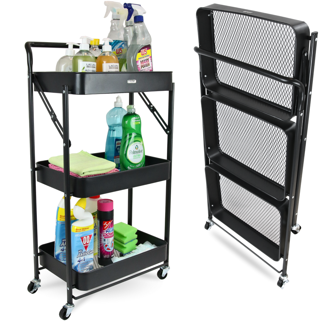 H4H318Cover Klappbarer Rollwagen Metall Schwarz – 3-stufiges Faltregal mit Rollen Feststellbremsen Default Title