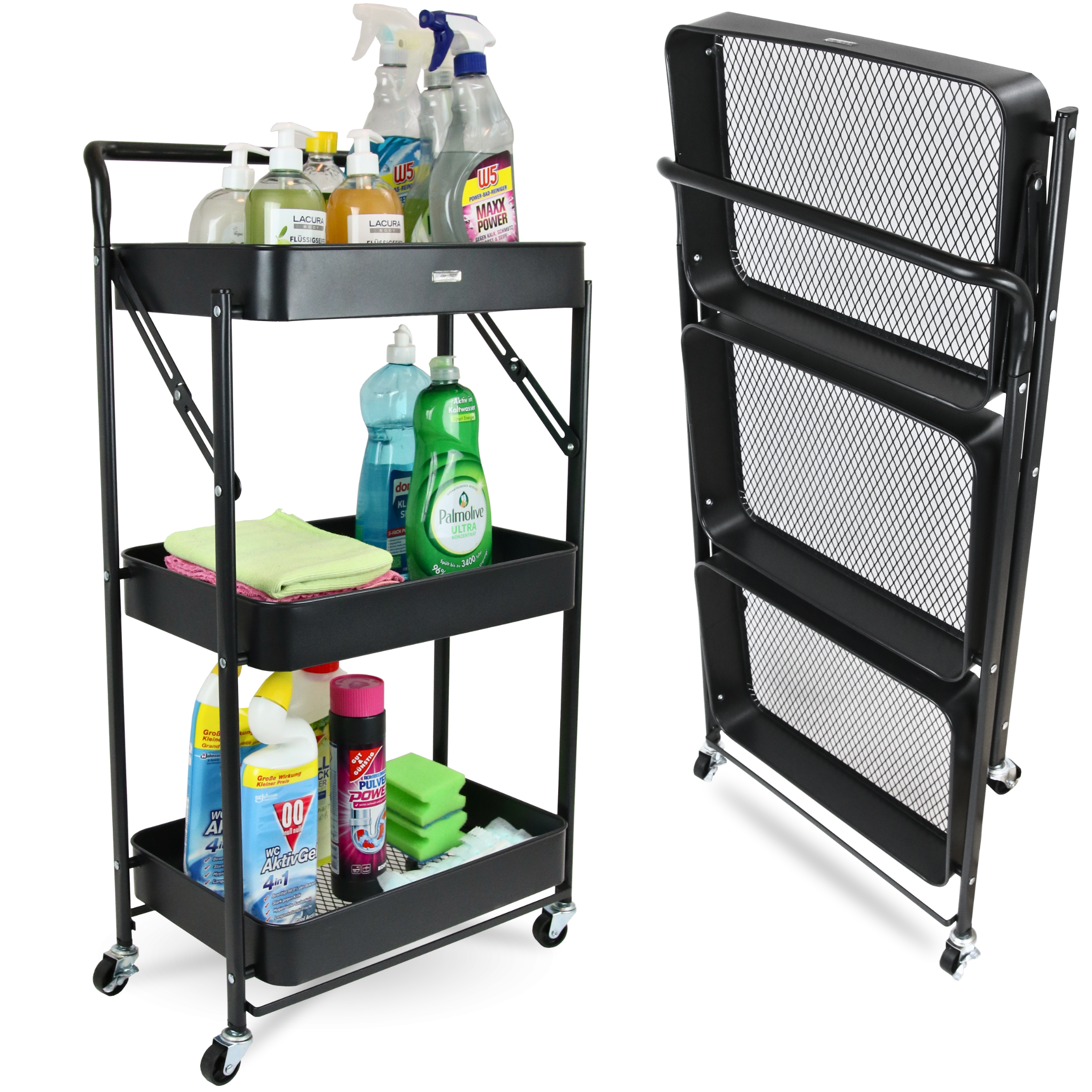 H4H318Cover Klappbarer Rollwagen Metall Schwarz – 3-stufiges Faltregal mit Rollen Feststellbremsen Default Title