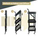 H4H318Falten2 Klappbarer Rollwagen Metall Schwarz – 3-stufiges Faltregal mit Rollen Feststellbremsen