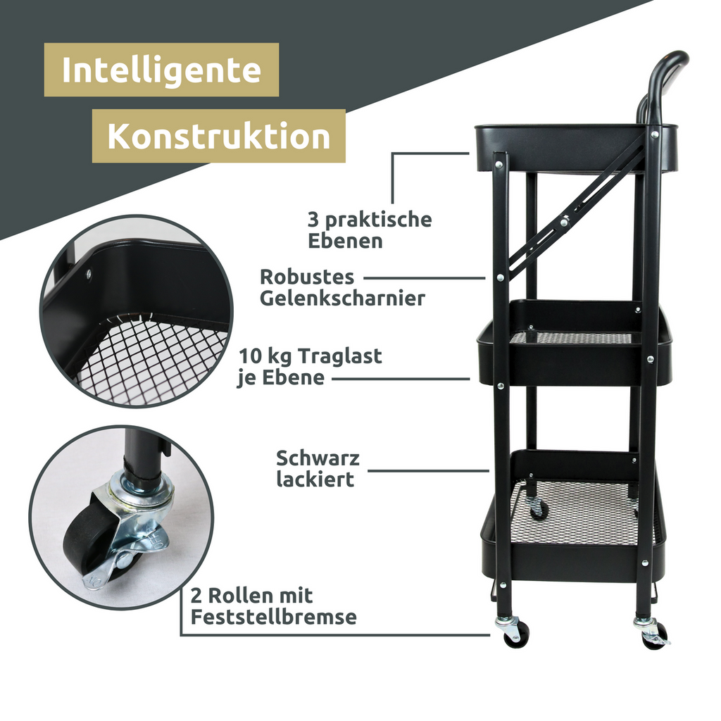 H4H318Konstruktion_2 Klappbarer Rollwagen Metall Schwarz – 3-stufiges Faltregal mit Rollen Feststellbremsen