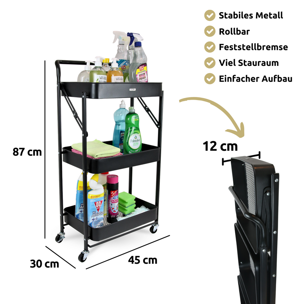 H4H318Masse_2 Klappbarer Rollwagen Metall Schwarz – 3-stufiges Faltregal mit Rollen Feststellbremsen