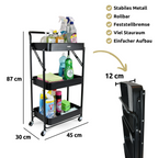 H4H318Masse_2 Klappbarer Rollwagen Metall Schwarz – 3-stufiges Faltregal mit Rollen Feststellbremsen