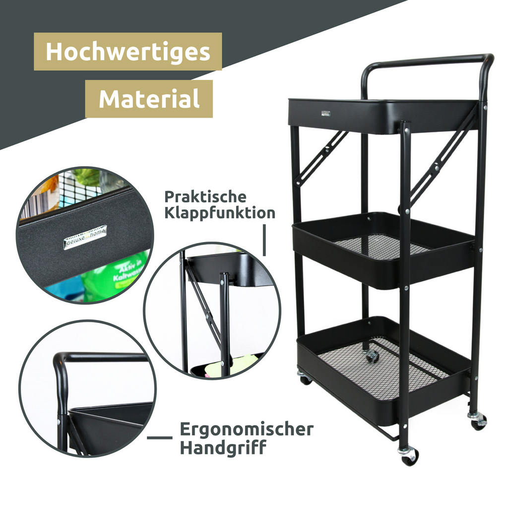 H4H318Material_2 Klappbarer Rollwagen Metall Schwarz – 3-stufiges Faltregal mit Rollen Feststellbremsen
