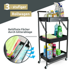 H4H318Universal_4 Klappbarer Rollwagen Metall Schwarz – 3-stufiges Faltregal mit Rollen Feststellbremsen