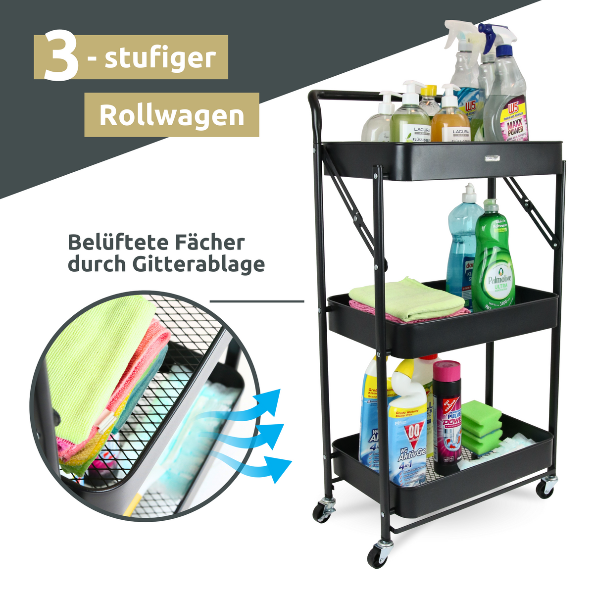 H4H318Universal_4 Klappbarer Rollwagen Metall Schwarz – 3-stufiges Faltregal mit Rollen Feststellbremsen