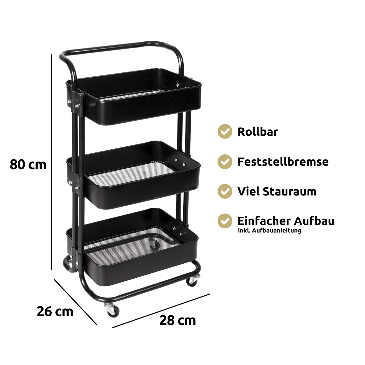 H4H324Masse_2_9499b9d1-dc12-428d-b006-6f0e4022572b Rollwagen Metall Schwarz – 3-stöckiger Küchenwagen mit Ablagen, Rollen & Feststellbremsen