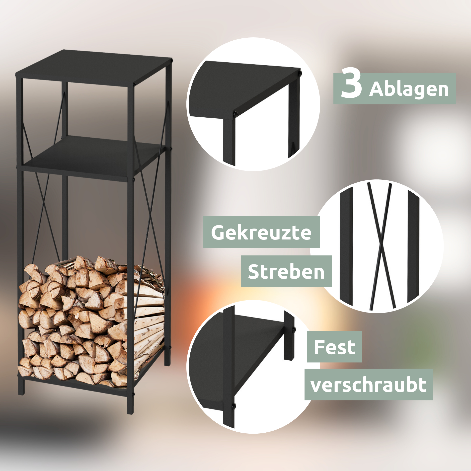 Kaminholzregal mit Ablage aus Metall Schwarz inkl. Ofenhandschuh