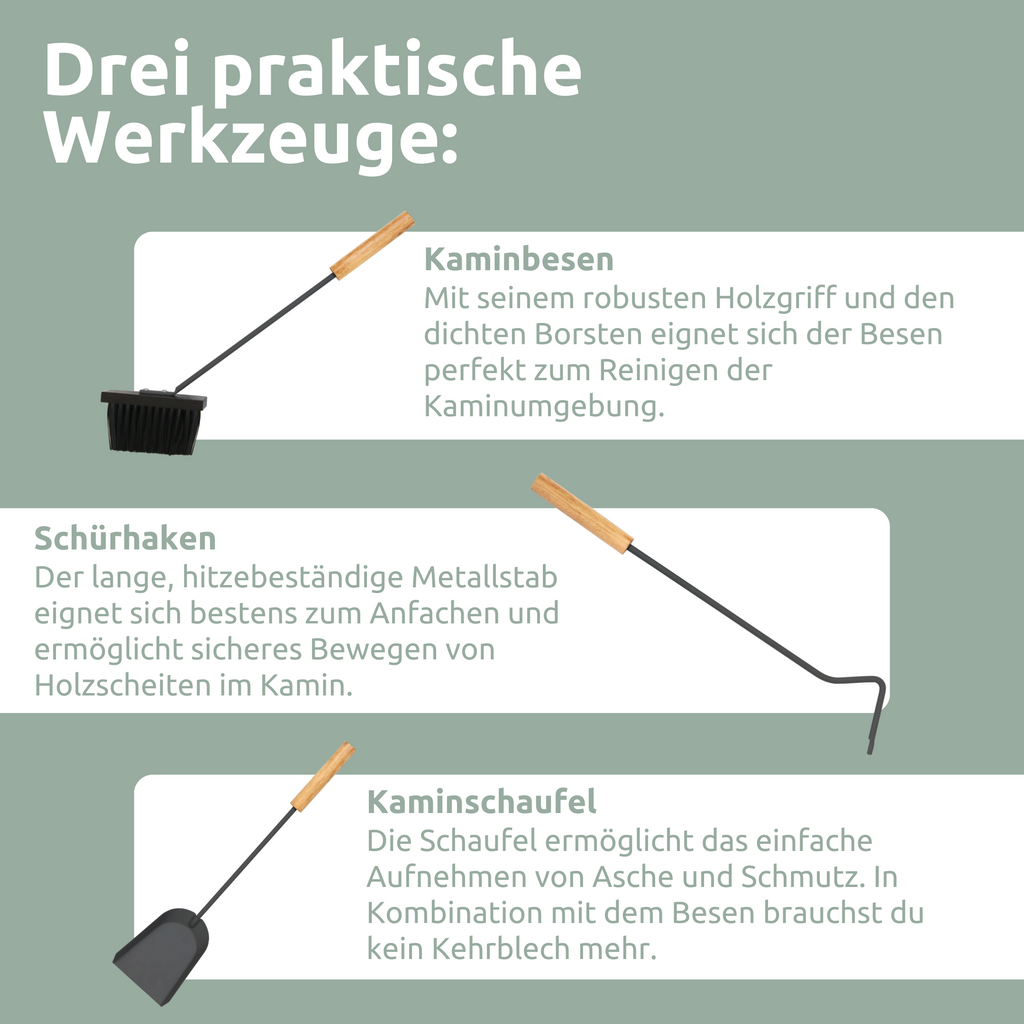 H4H387Tools_2 5-teiliges Kaminbesteck Grau mit Holzgriffen und Halter