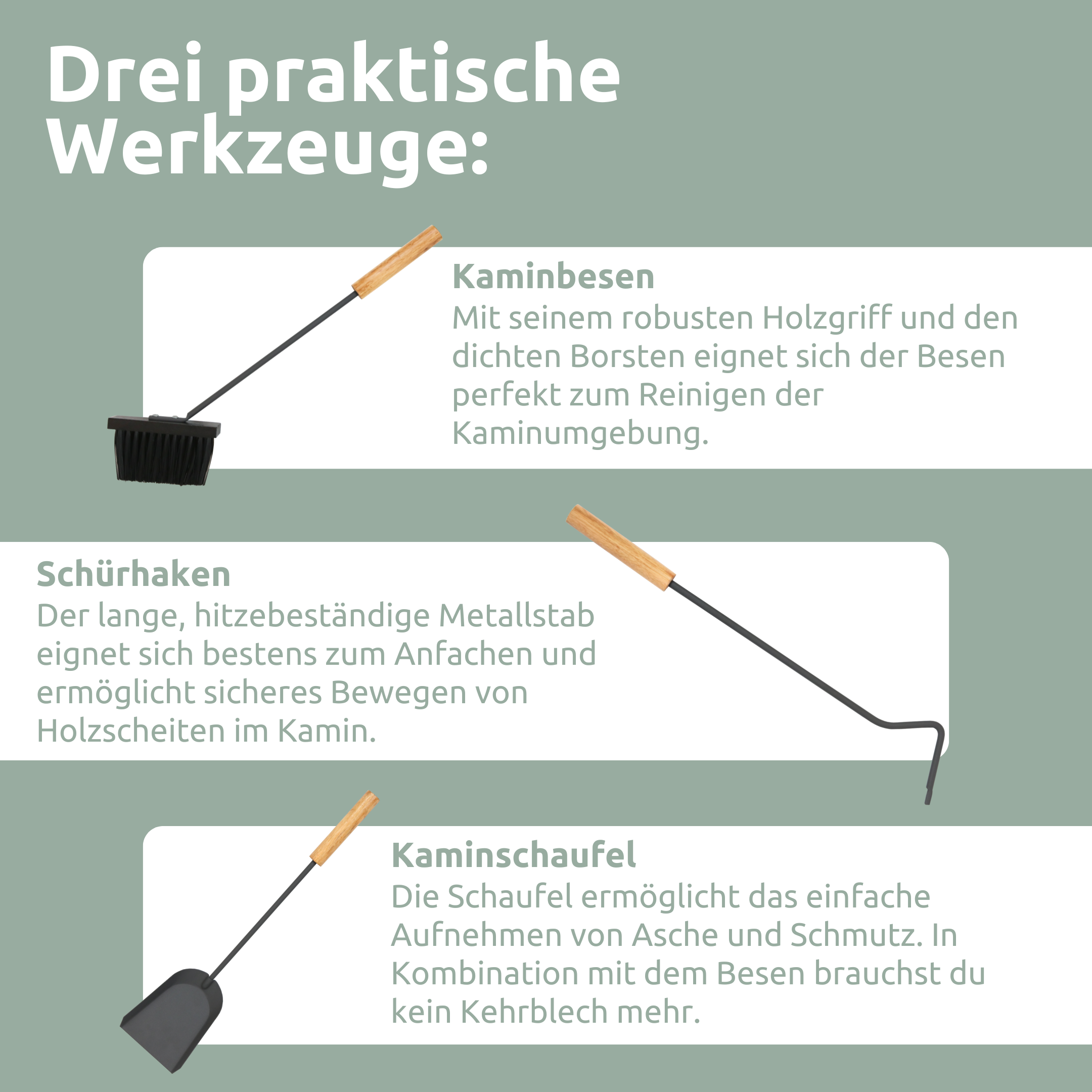 H4H387Tools_2 5-teiliges Kaminbesteck Grau mit Holzgriffen und Halter