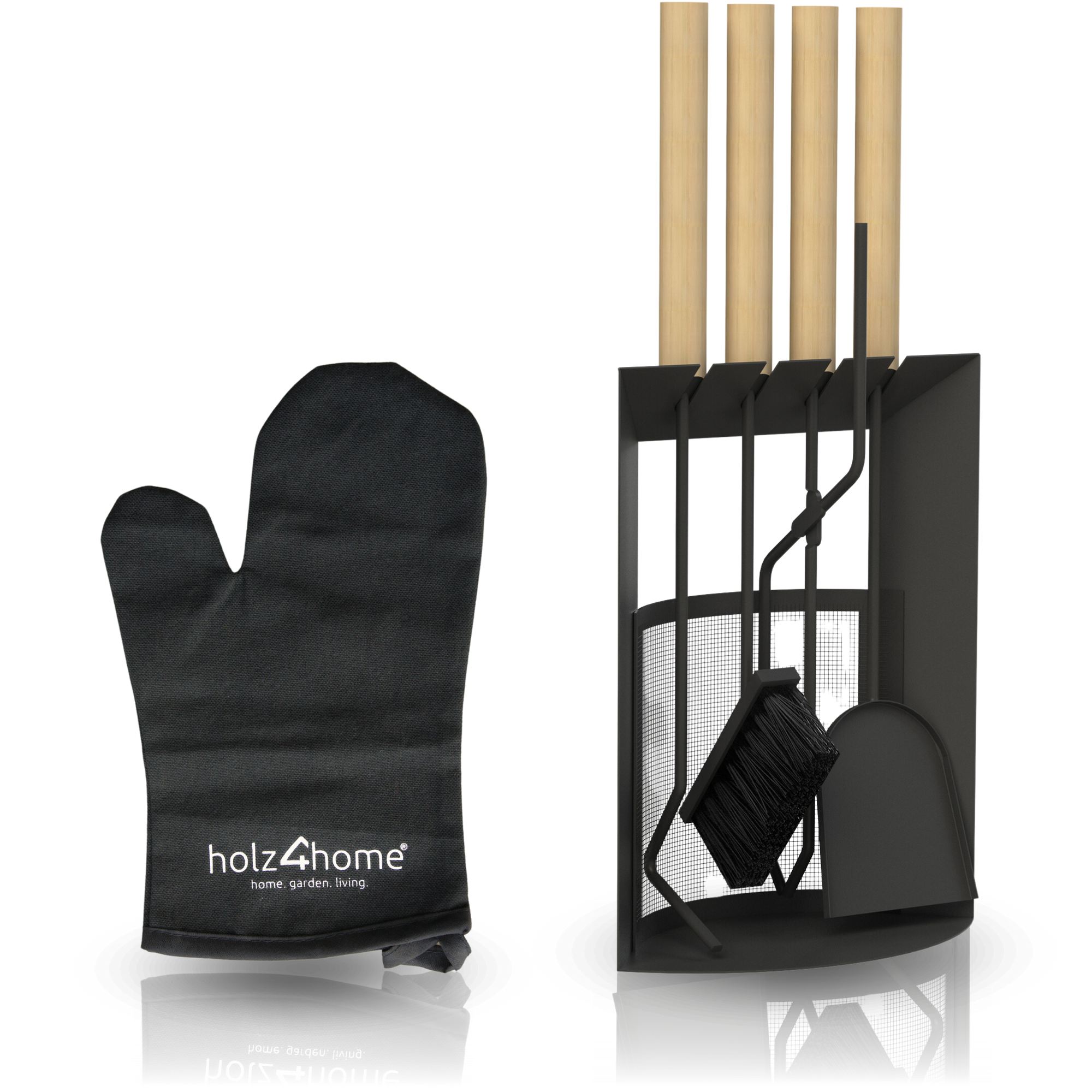 6-tlg. Kaminbesteck Schwarz mit Holzgriff inkl. Ofenhandschuh