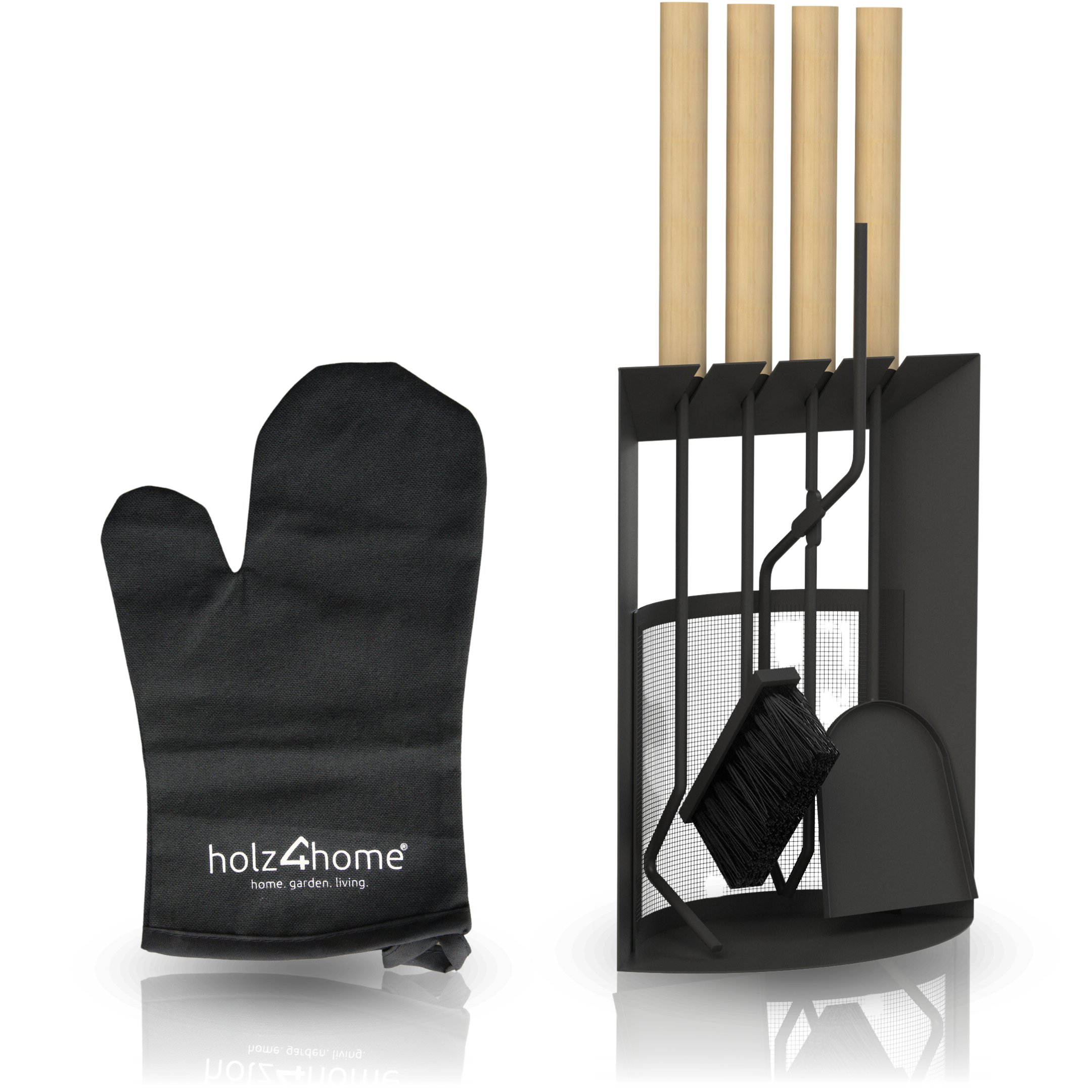 6-tlg. Kaminbesteck Schwarz mit Holzgriff inkl. Ofenhandschuh
