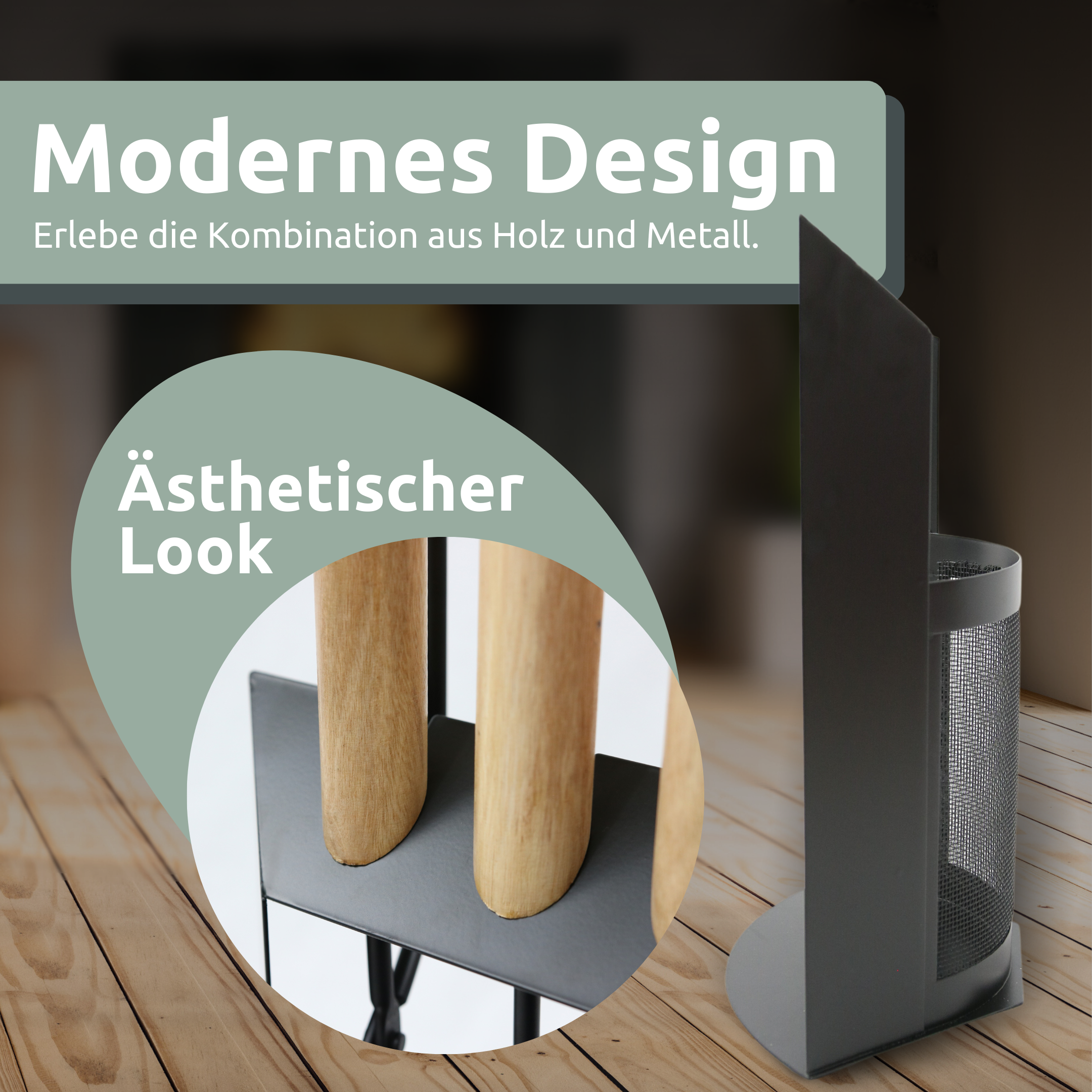 H4H388Design_2 6-teiliges Kaminbesteck aus schwarzem Metall mit Holzgriffen und Halter