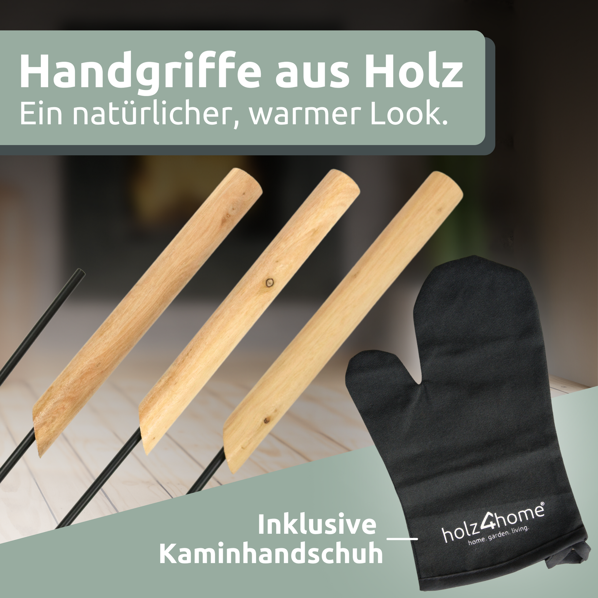 6-tlg. Kaminbesteck Schwarz mit Holzgriff inkl. Ofenhandschuh
