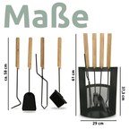 H4H388Masse_2 6-teiliges Kaminbesteck aus schwarzem Metall mit Holzgriffen und Halter