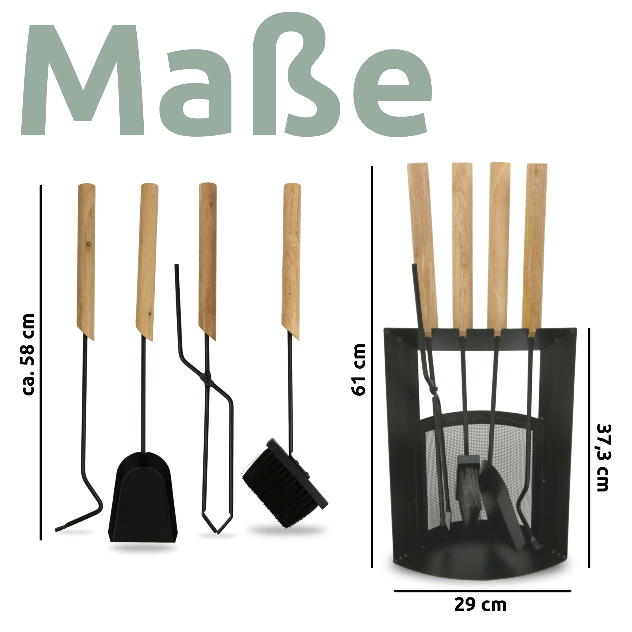 H4H388Masse_2 6-teiliges Kaminbesteck aus schwarzem Metall mit Holzgriffen und Halter