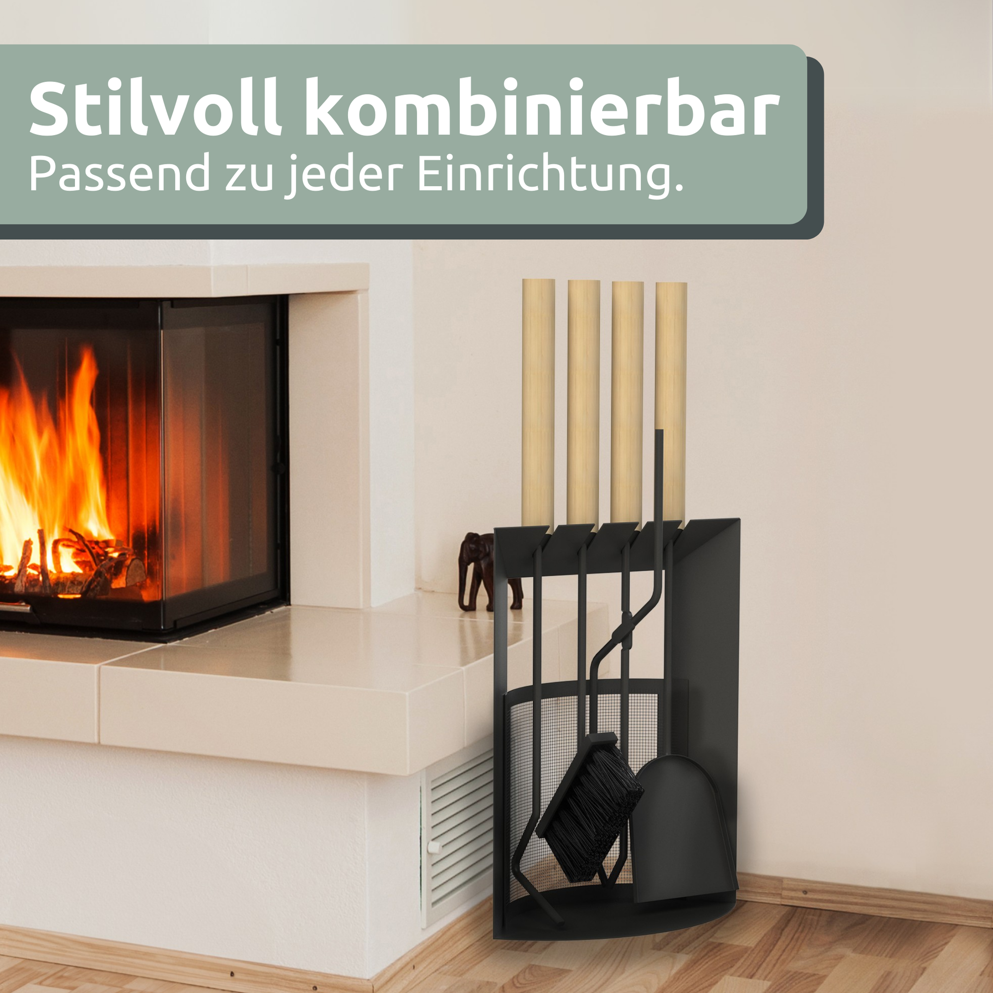 6-tlg. Kaminbesteck Schwarz mit Holzgriff inkl. Ofenhandschuh