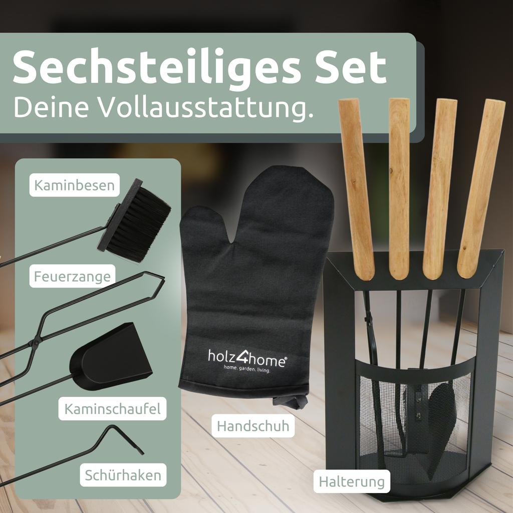 6-tlg. Kaminbesteck Schwarz mit Holzgriff inkl. Ofenhandschuh
