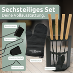 H4H388Set_2 6-teiliges Kaminbesteck aus schwarzem Metall mit Holzgriffen und Halter