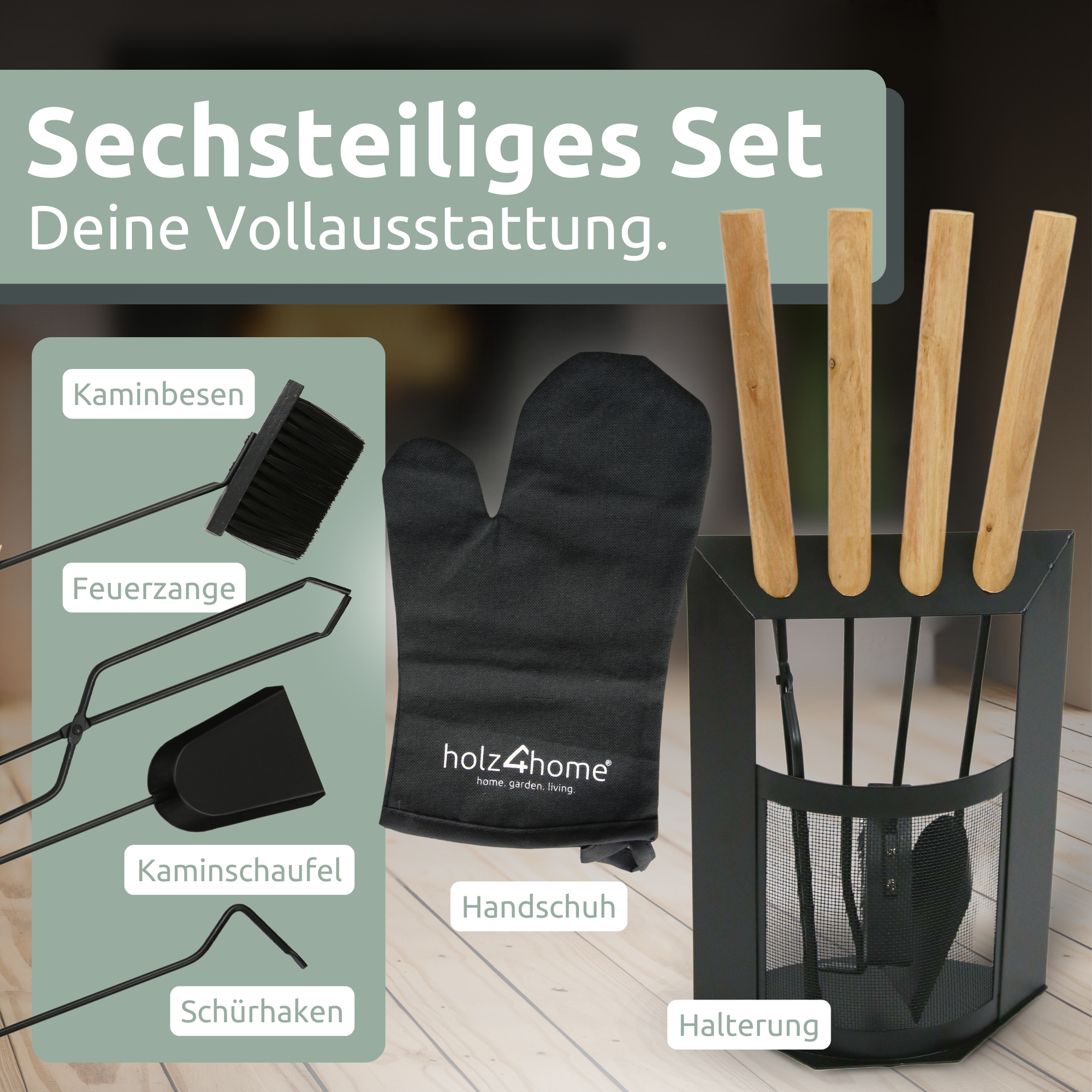 6-tlg. Kaminbesteck Schwarz mit Holzgriff inkl. Ofenhandschuh