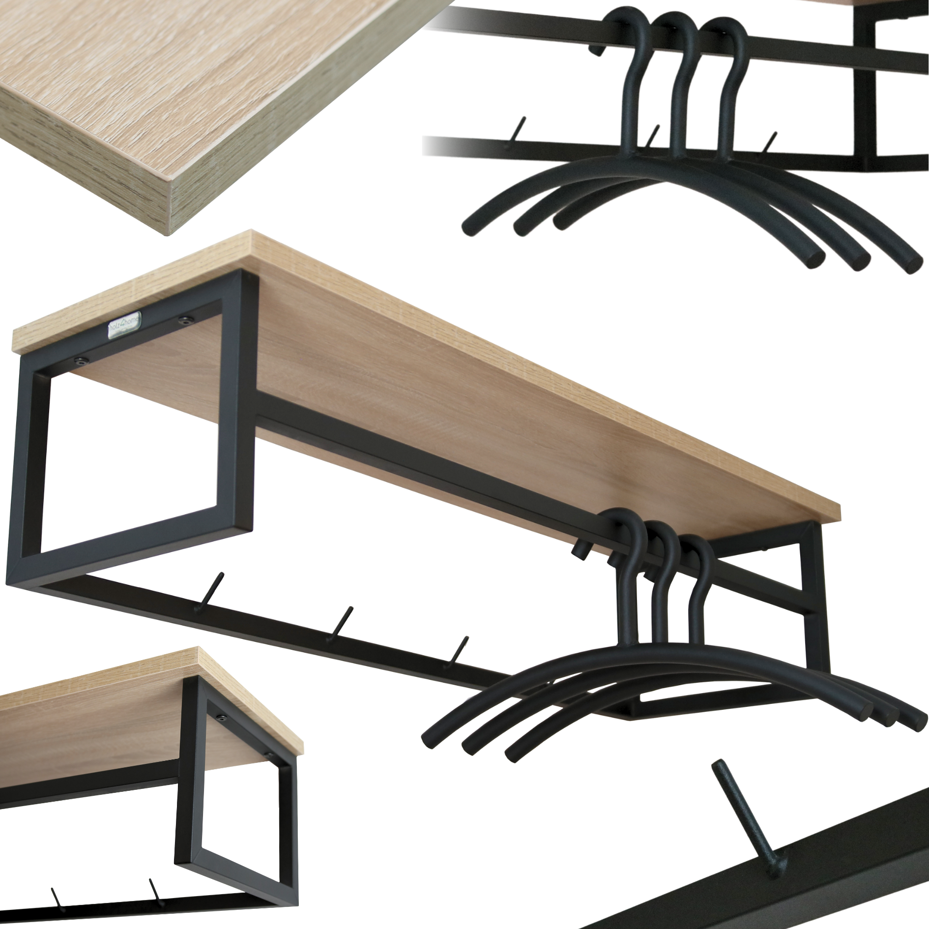 Garderobe Sonoma Eiche - inkl. 3 Kleiderbügel aus Metall - Schwarz
