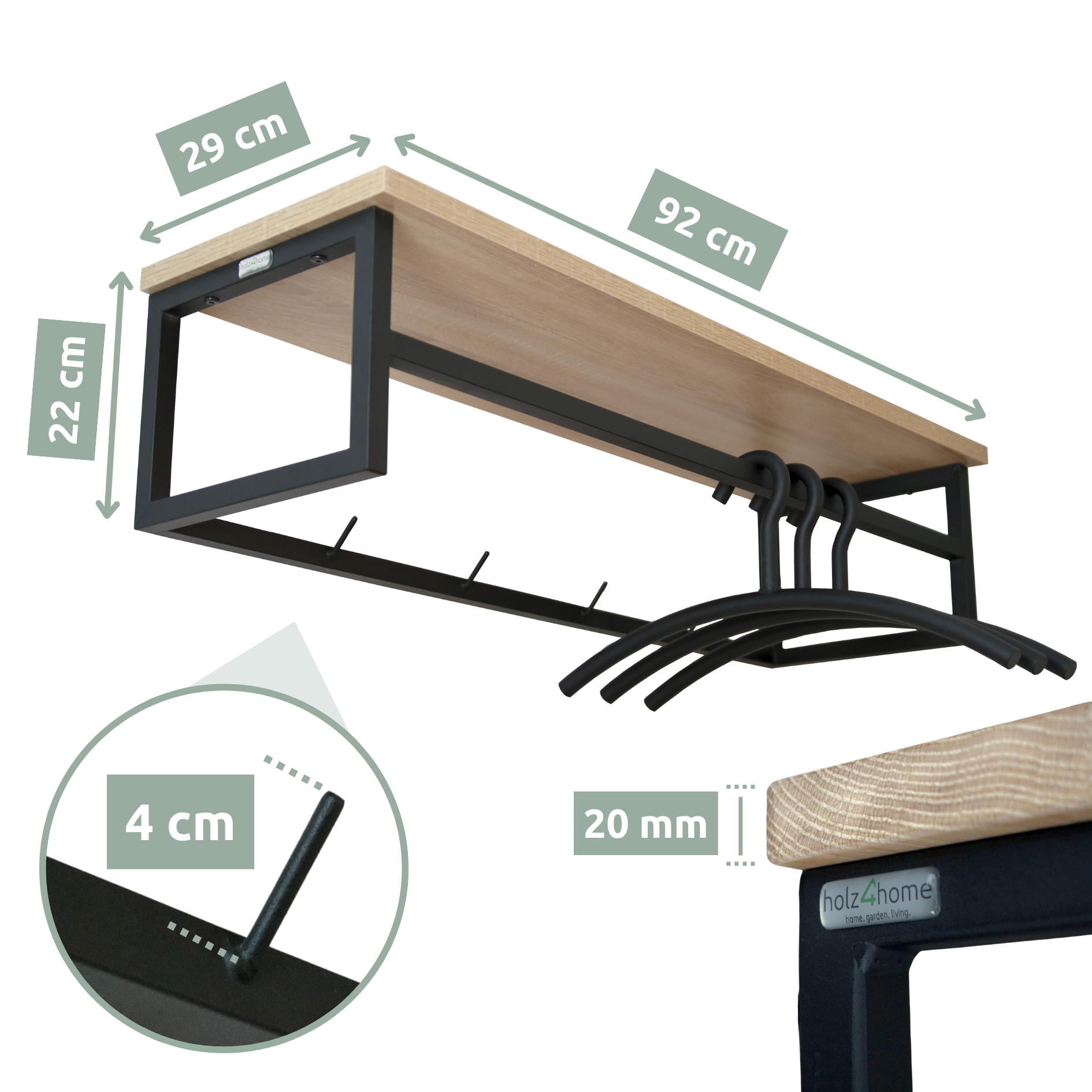 Garderobe Sonoma Eiche - inkl. 3 Kleiderbügel aus Metall - Schwarz