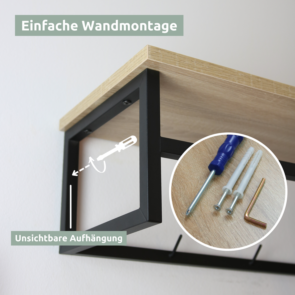 Garderobe Sonoma Eiche - inkl. 3 Kleiderbügel aus Metall - Schwarz