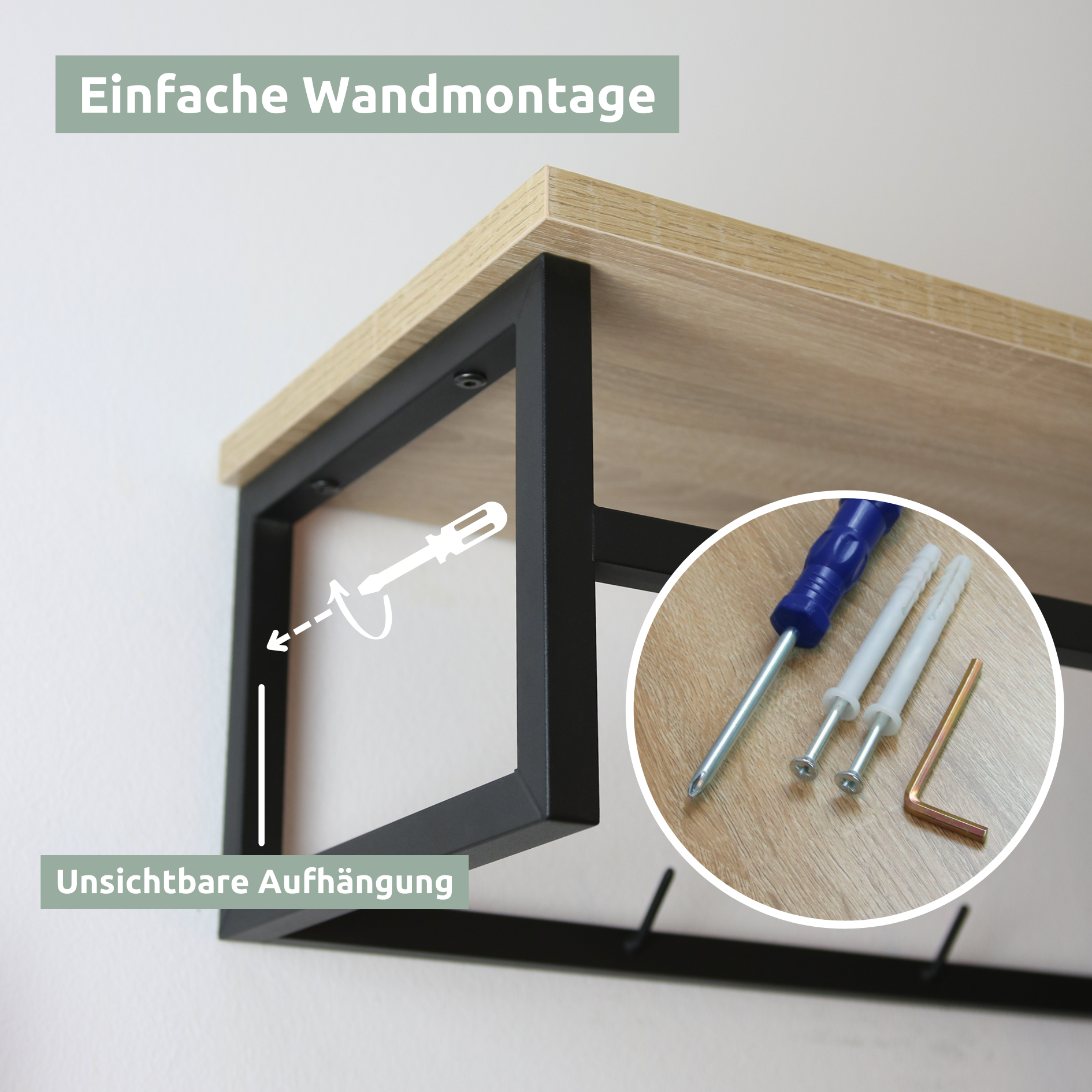 Garderobe Sonoma Eiche - inkl. 3 Kleiderbügel aus Metall - Schwarz