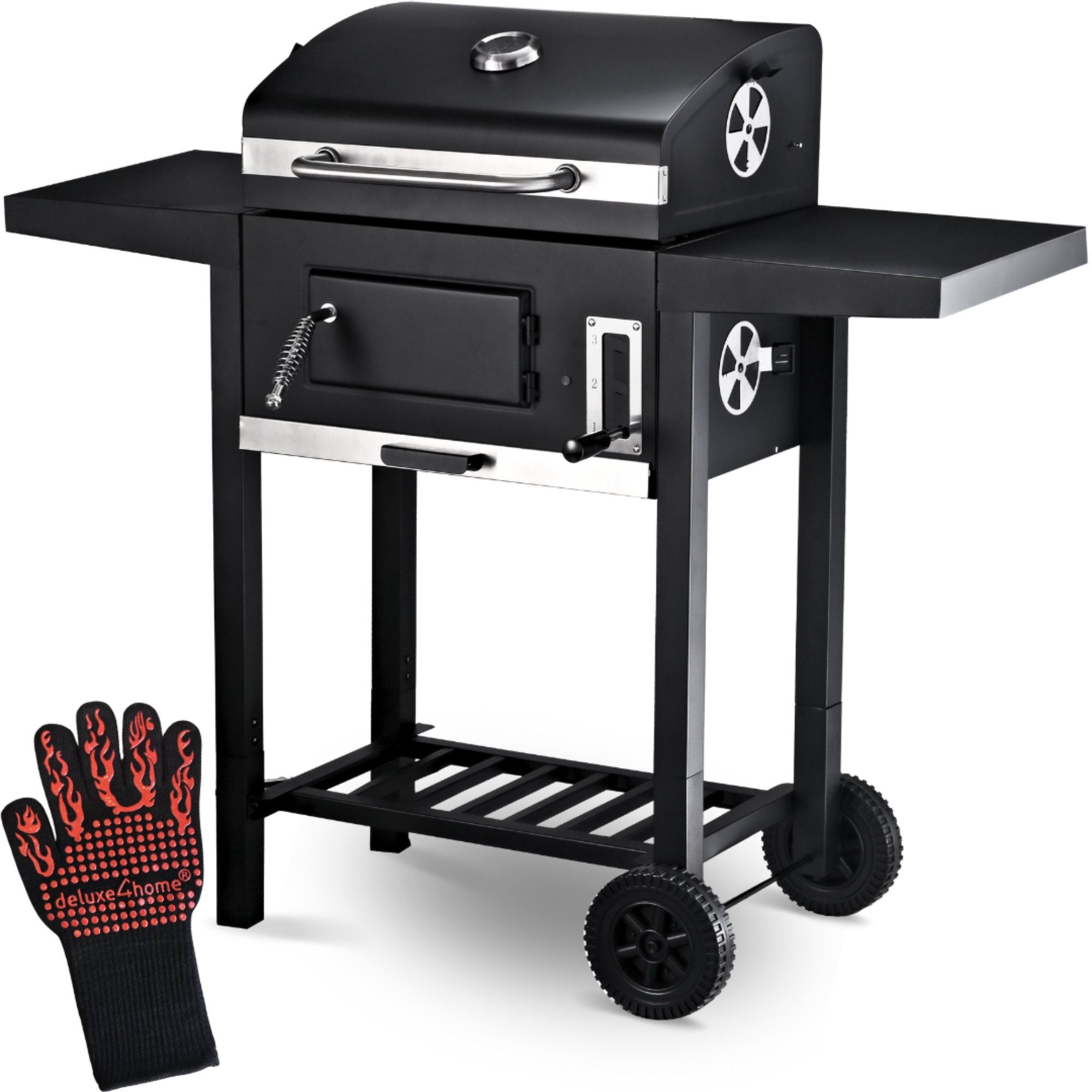 Grillwagen Holzkohlegrill mit Deckel, 2 Ablagen, Thermometer uvm.