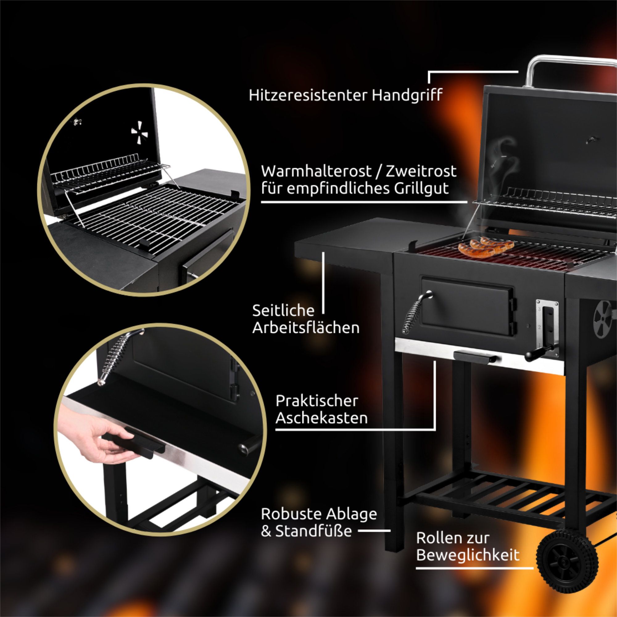 Grillwagen Holzkohlegrill mit Deckel, 2 Ablagen, Thermometer uvm.