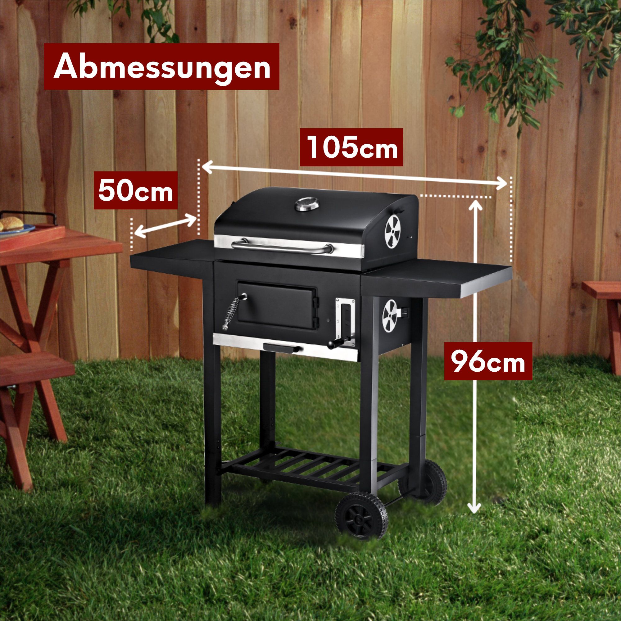 Grillwagen Holzkohlegrill mit Deckel, 2 Ablagen, Thermometer uvm.