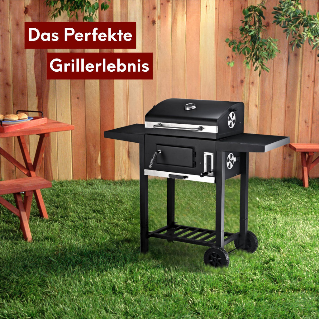 Grillwagen Holzkohlegrill mit Deckel, 2 Ablagen, Thermometer uvm.