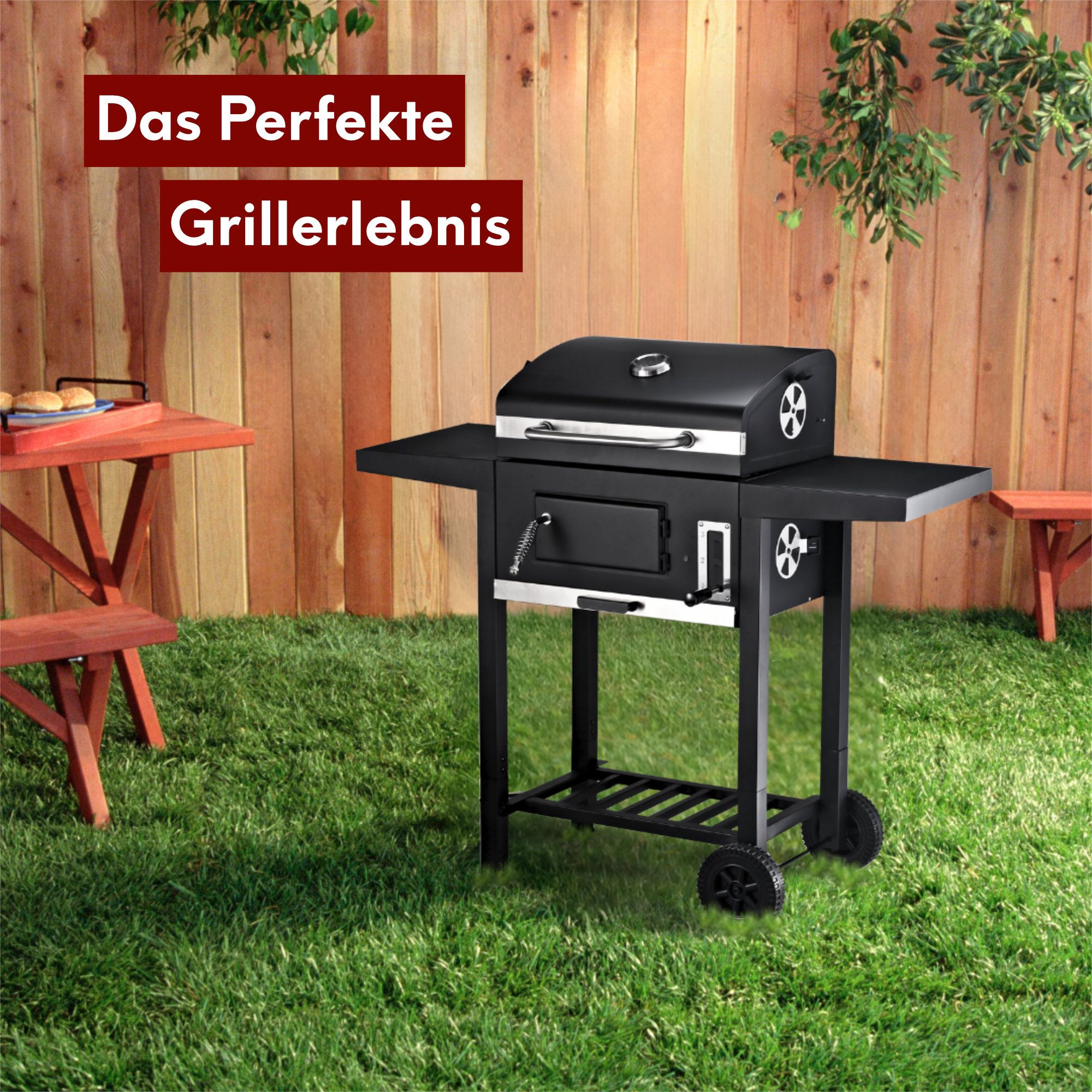 Grillwagen Holzkohlegrill mit Deckel, 2 Ablagen, Thermometer uvm.