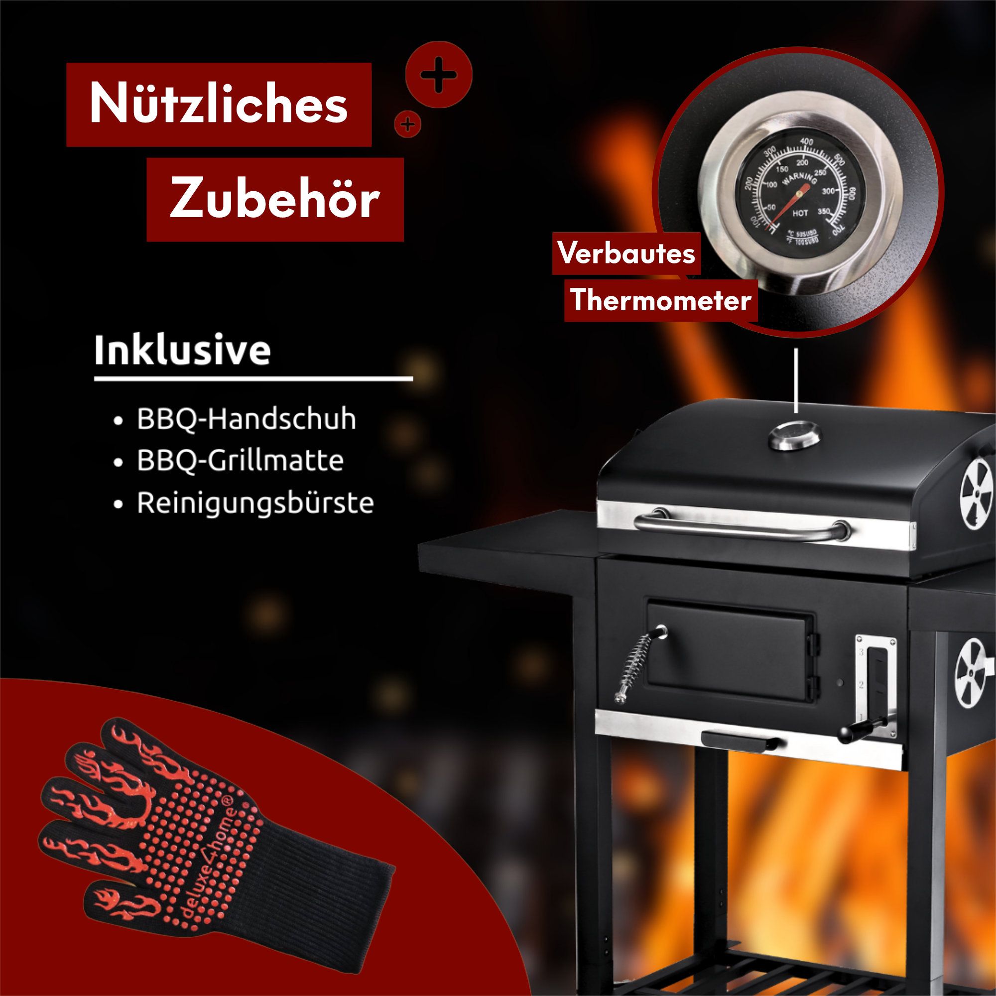 Grillwagen Holzkohlegrill mit Deckel, 2 Ablagen, Thermometer uvm.