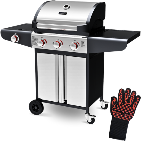 Grillwagen Gasgrill mit Deckel, 3 + 1 Seitenbrenner, Thermometer uvm.