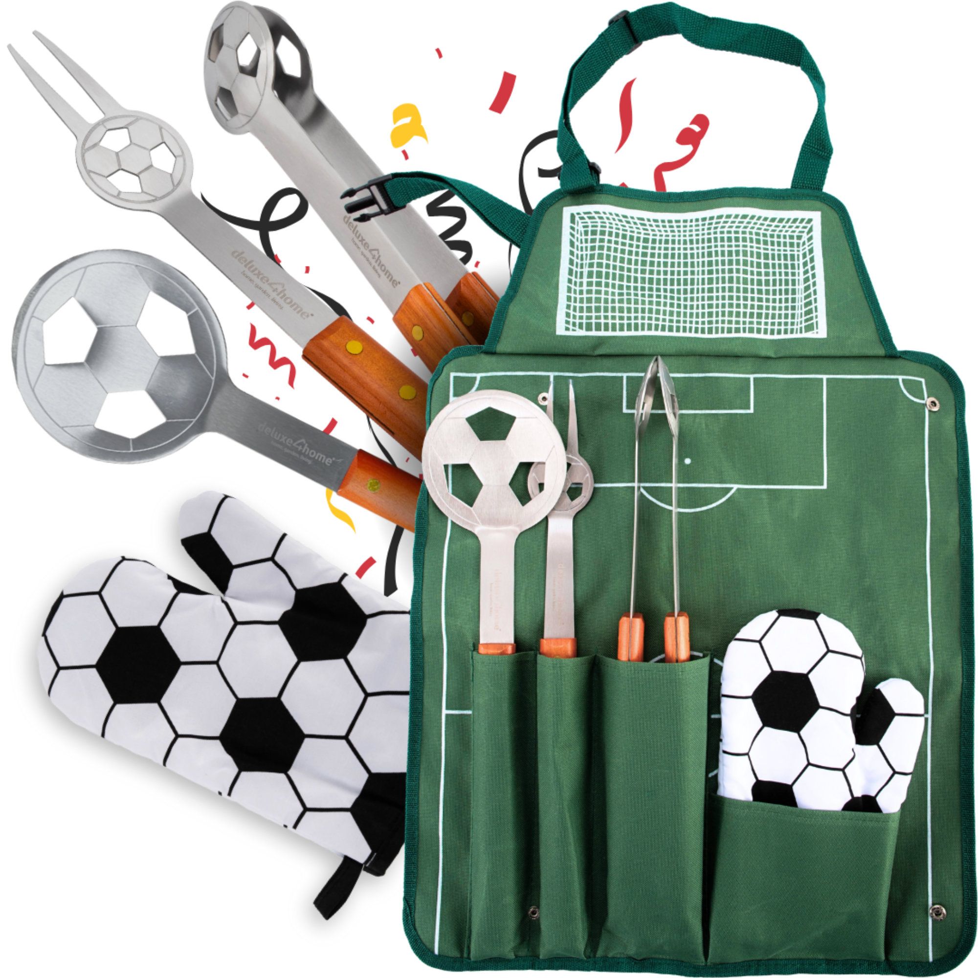 Grillset: Grillgabel, Grillzange, Grillwender und Grillhandschuh