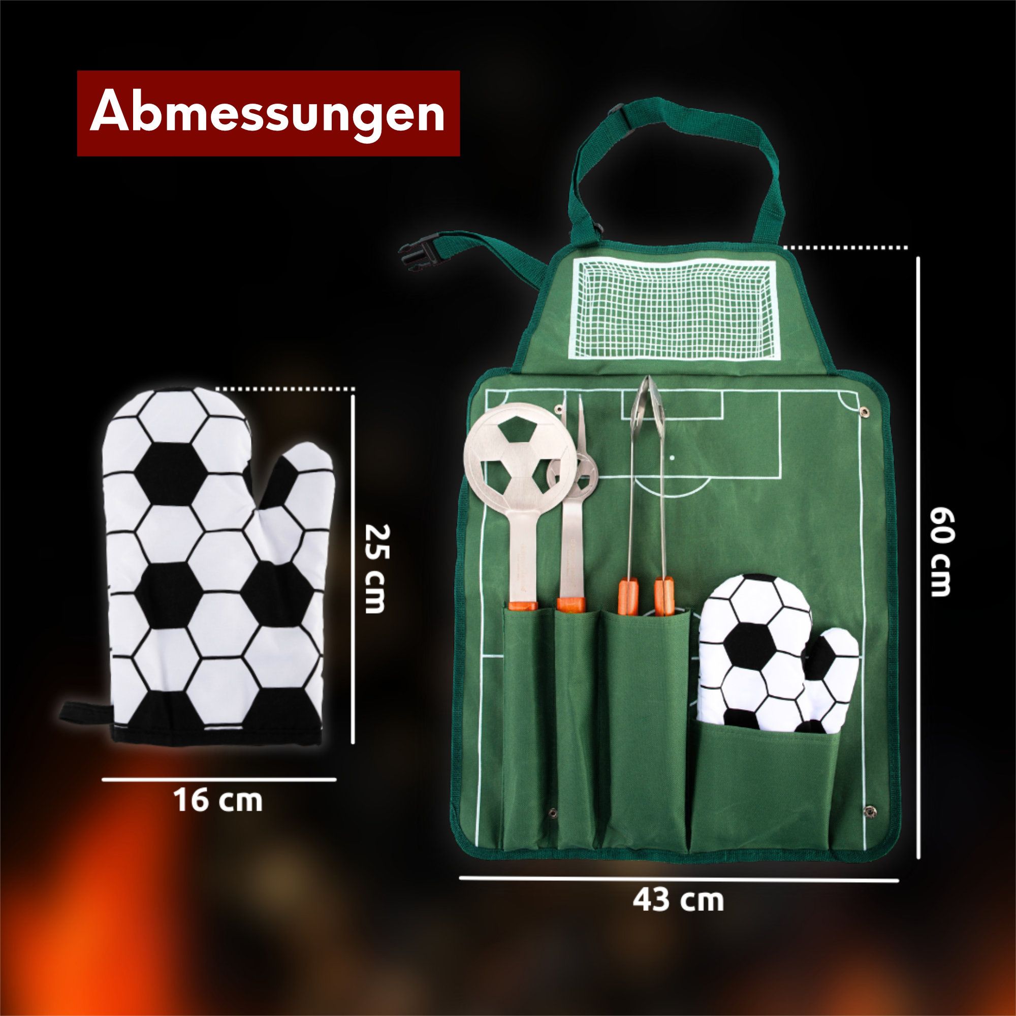 Grillset: Grillgabel, Grillzange, Grillwender und Grillhandschuh